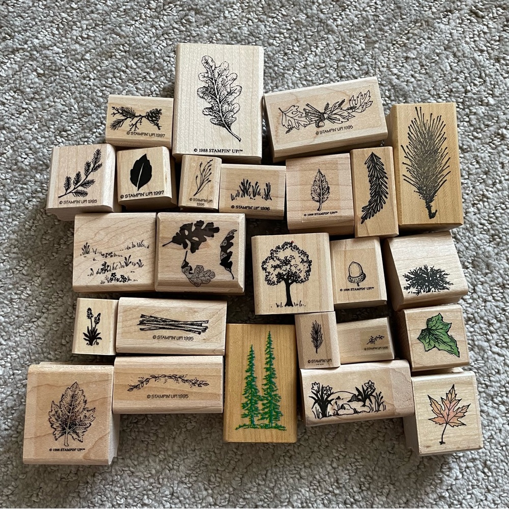 Set of 25 Rubber Stamps, Botanical Wooden Stamp Collection, Leaves, Trees, Natur
